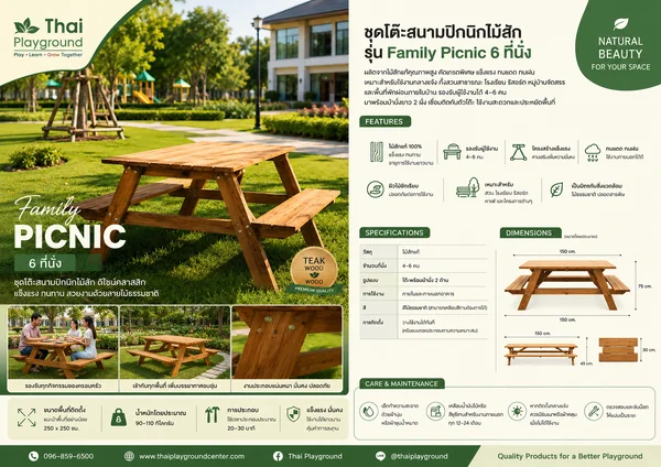 ชุดโต๊ะสนามปิกนิกไม้สัก รุ่น Family Picnic 6 ที่นั่ง image 2 ชุดโต๊ะสนามปิกนิกไม้สัก รุ่น Family Picnic 6 ที่นั่ง image 2