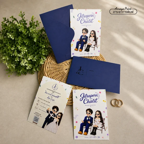 ผลงานการ์ดแต่งงานลายการ์ตูน พร้อมซองสีกรม | Arraya Print ผลงานการ์ดแต่งงานลายการ์ตูน พร้อมซองสีกรม | Arraya Print