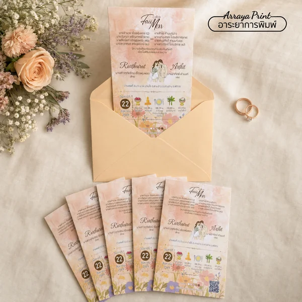 ผลงานการ์ดแต่งงานทรงยาวโทนพีช | Arraya Print ผลงานการ์ดแต่งงานทรงยาวโทนพีช | Arraya Print