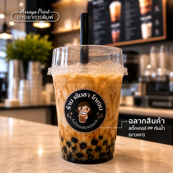 ผลงานสติ๊กเกอร์ PP กันน้ำ ฉลากสินค้าติดแก้วชานมไข่มุก ร้านเข้มชา ผลงานสติ๊กเกอร์ PP กันน้ำ ฉลากสินค้าติดแก้วชานมไข่มุก ร้านเข้มชา