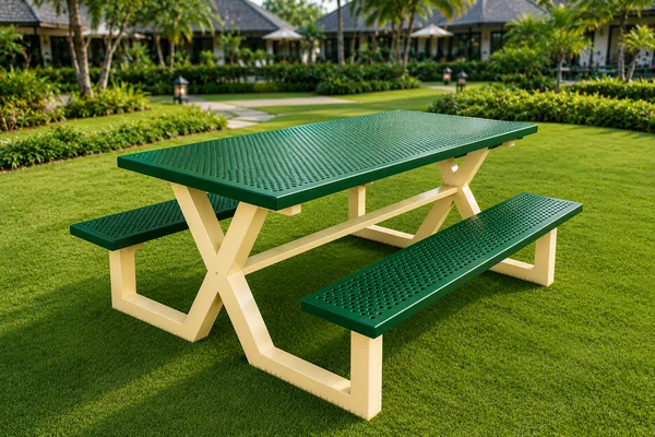 ชุดโต๊ะสนามปิกนิกเหล็กปั๊มรู รุ่น X-Leg 8 ที่นั่ง (Steel Perforated Picnic Table Set) image 1 ชุดโต๊ะสนามปิกนิกเหล็กปั๊มรู รุ่น X-Leg 8 ที่นั่ง (Steel Perforated Picnic Table Set) image 1
