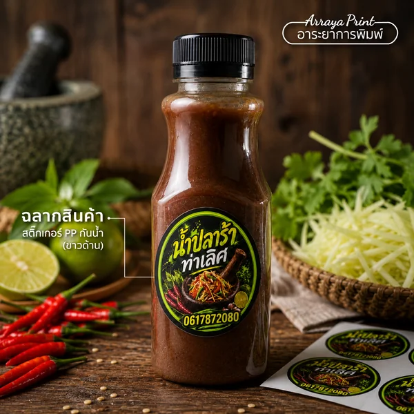 ผลงานสติ๊กเกอร์ PP กันน้ำ ฉลากสินค้าติดขวดน้ำปลาร้า ทาเลิศ ผลงานสติ๊กเกอร์ PP กันน้ำ ฉลากสินค้าติดขวดน้ำปลาร้า ทาเลิศ
