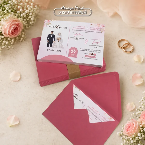 การ์ดแต่งงานมุสลิมโทนชมพู พร้อมซองเข้าชุด การ์ดแต่งงานมุสลิมโทนชมพู พร้อมซองเข้าชุด