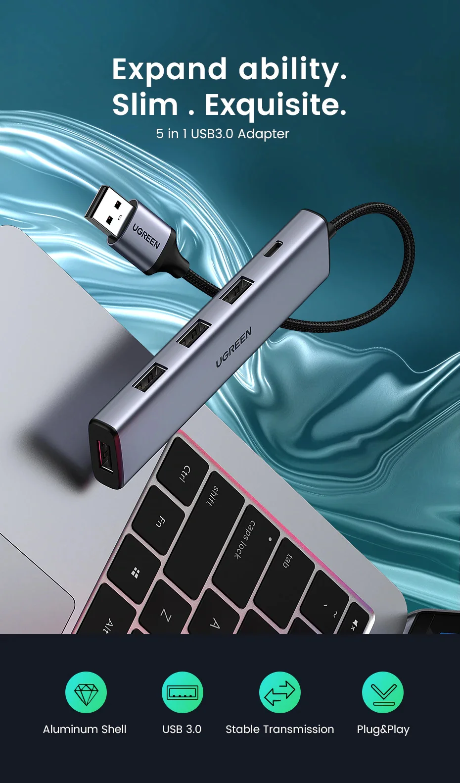 UGREEN 4 Port USB3.0 Expansion Hub with PD/Micro USB