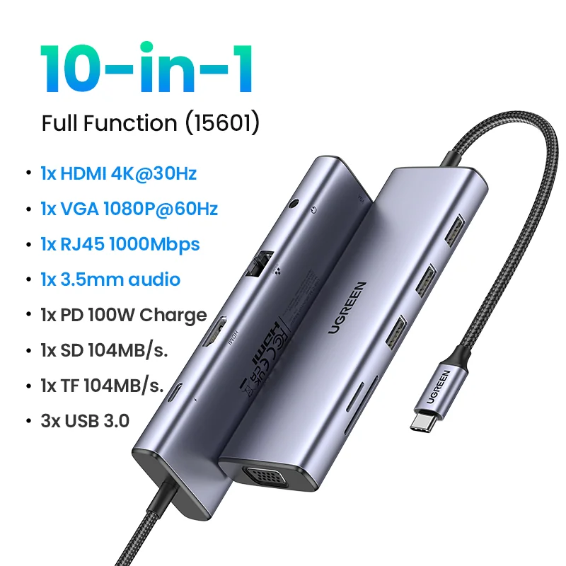 UGREEN (CM179/CM498/CM639) USB-C Hub 10 in 1 20ซม. (15601)