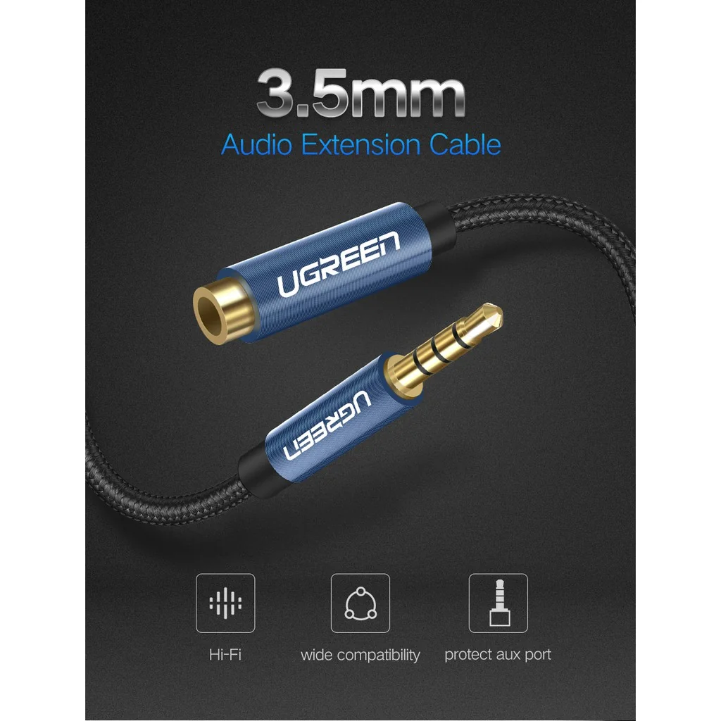 UGREEN (AV118) 3.5mm Stereo Audio Extension 4Poles Cable Auxiliary Adapter for iPhone Headphone (Blue+braid support Mic) 2M(40675)