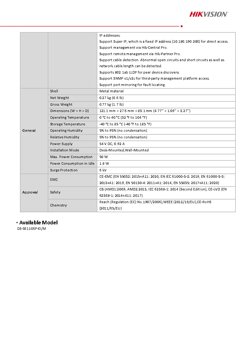 Hikvision DS-3E1106P-EI/M สวิตซ์ 4 Port Fast Ethernet Smart POE Switch